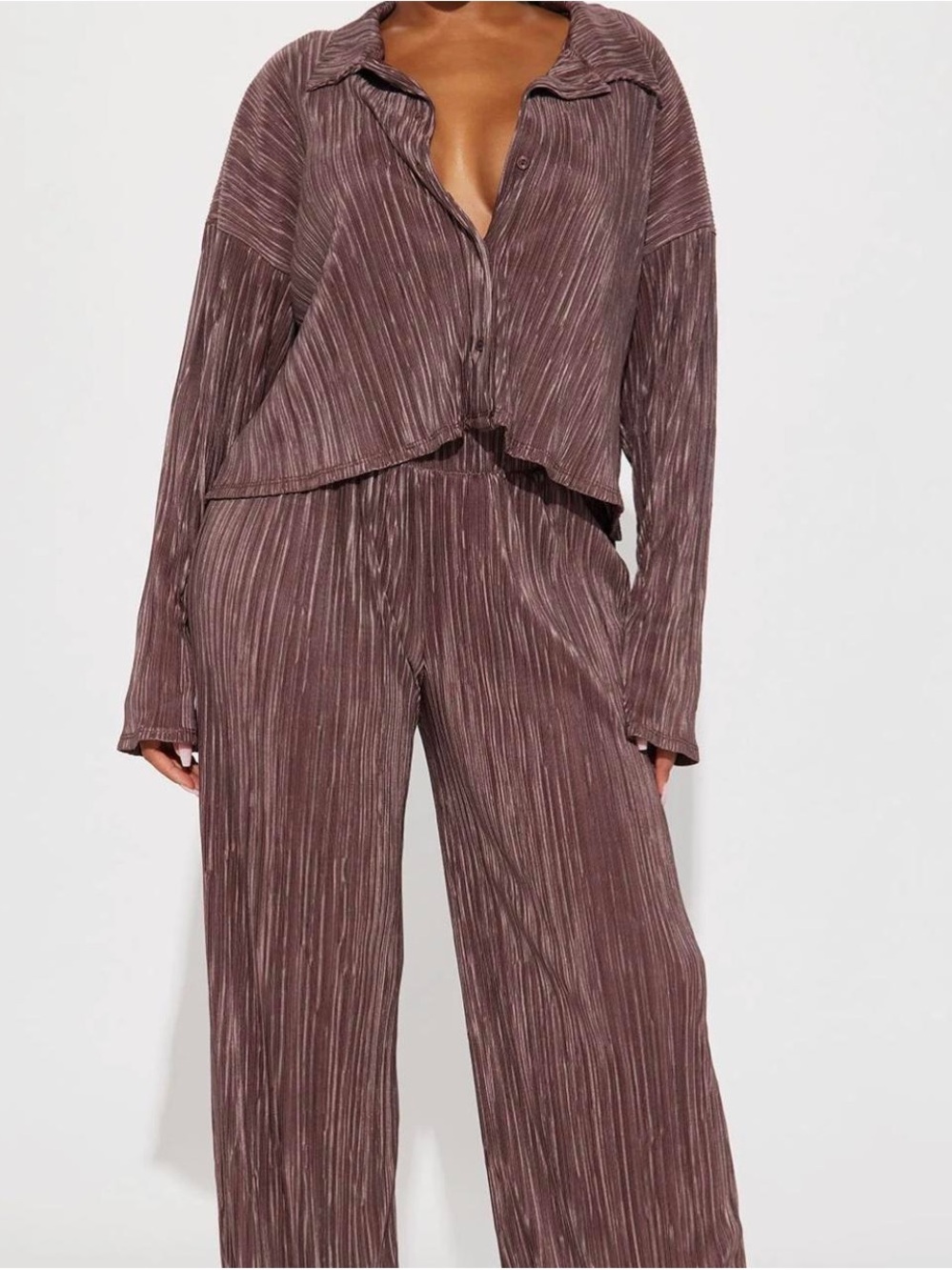 Fashion Nova Pleated Wide-Leg Jumpsuit in Mauve Taupe